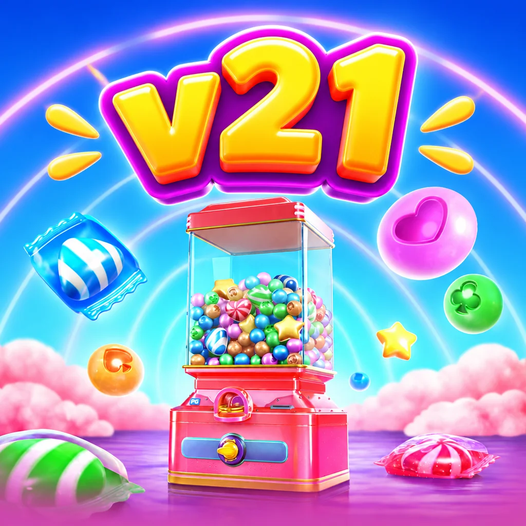 v21 mesin permen gumball warna-warni berlatar pelangi cerah