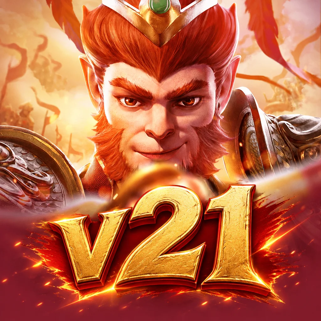 v21 karakter Sun Wukong Raja Kera berzirah emas dengan latar kobaran api
